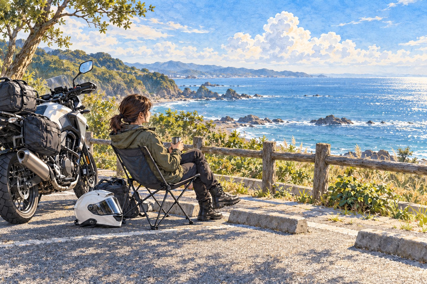 海を望む駐車スペースでバイクを停めて休憩する一般的なAIイラスト。実在施設ではありません