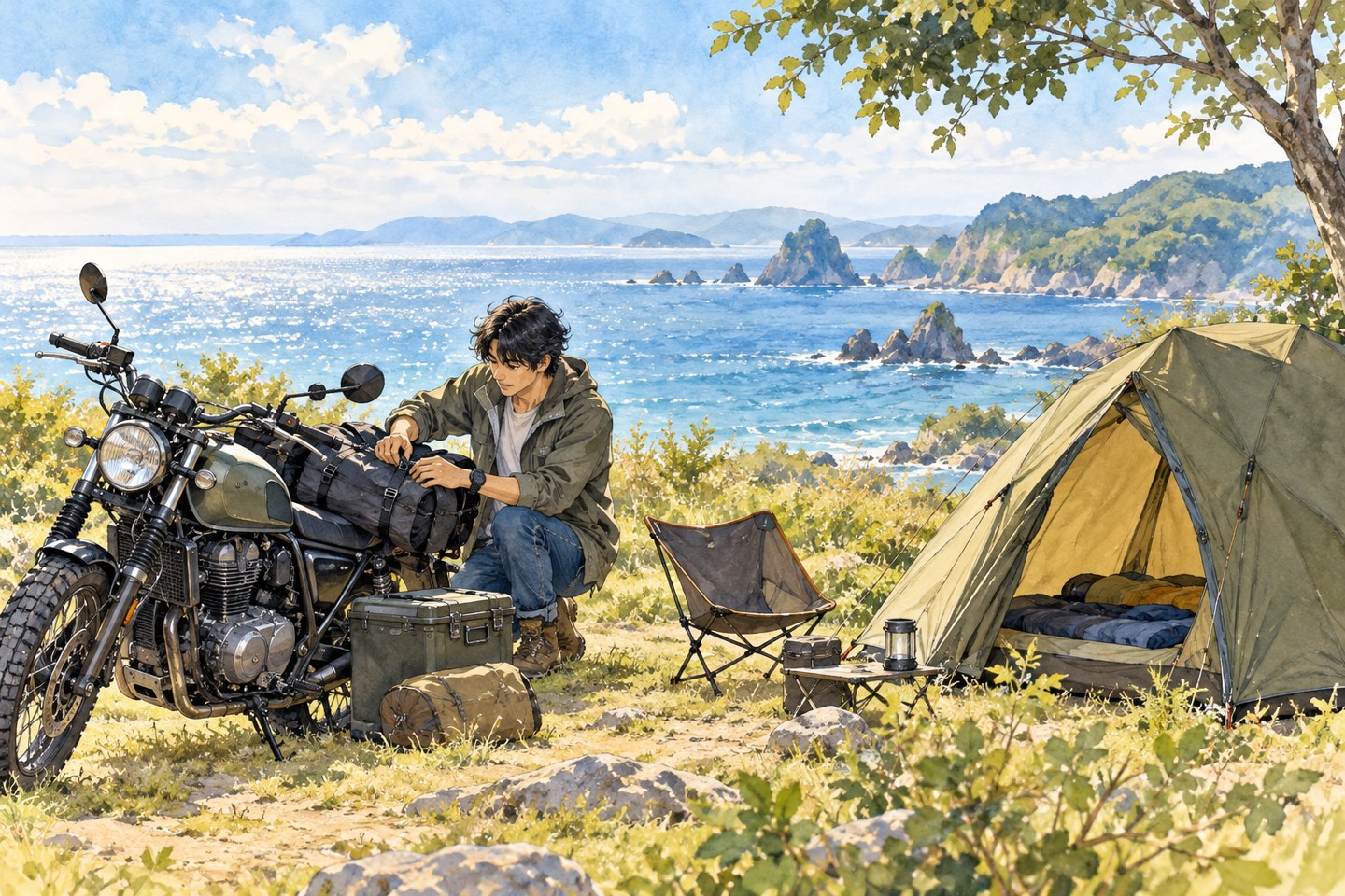テントのそばで荷物を整理するライダーの一般的なAIイラスト。実在施設ではありません