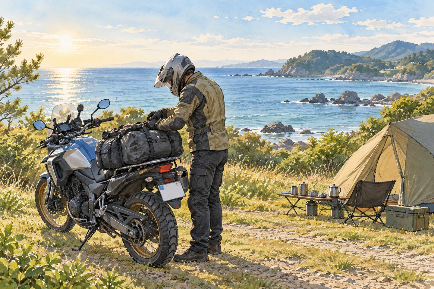 ヘルメットを着用して停車中のバイクの荷物を固定するAIイラスト。実在施設ではありません
