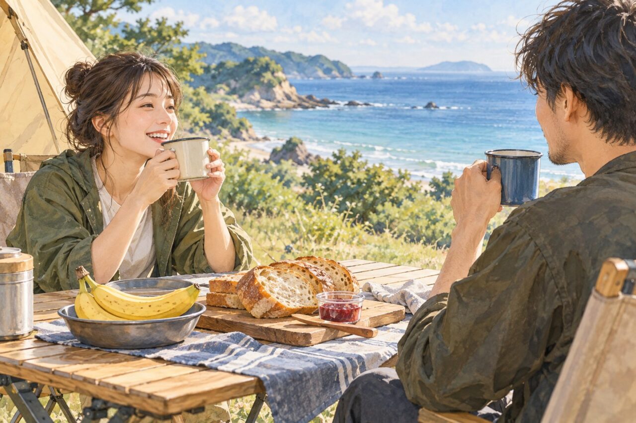 海を背景にパンと果物の朝食を楽しむキャンプのAIイメージ。実在施設ではありません