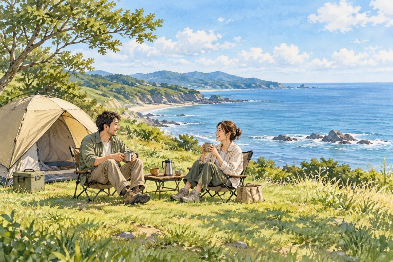 海を眺めて会話する二人のキャンパーの一般的なAIイラスト。実在施設ではありません