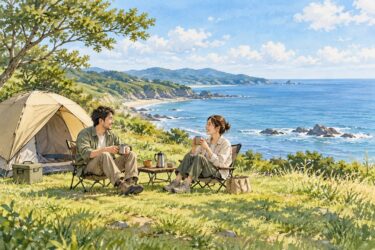 海を眺めて会話する二人のキャンパーの一般的なAIイラスト。実在施設ではありません