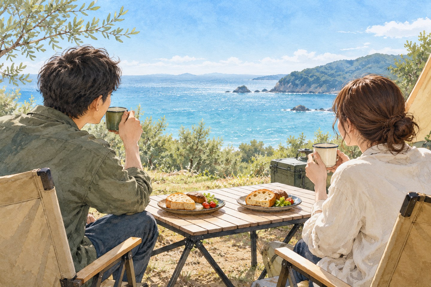 海を背景に食事と飲み物を楽しむ二人のAIイラスト。実在施設ではありません