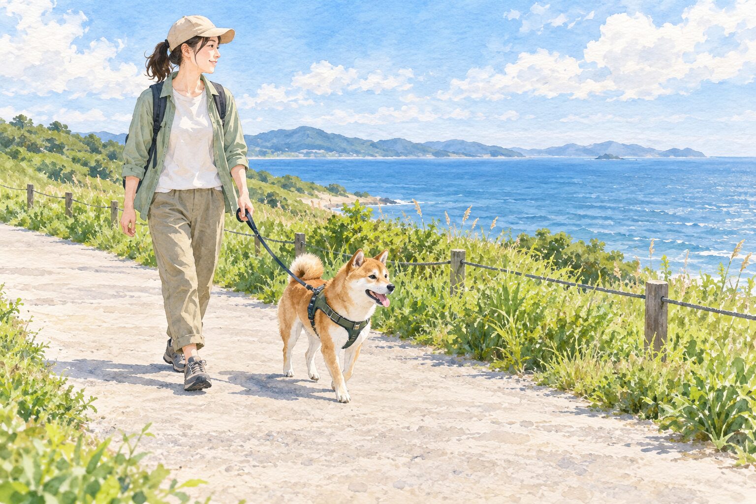 犬にハーネスとリードを着けて海から距離を取った道を歩く飼い主のAIイラスト