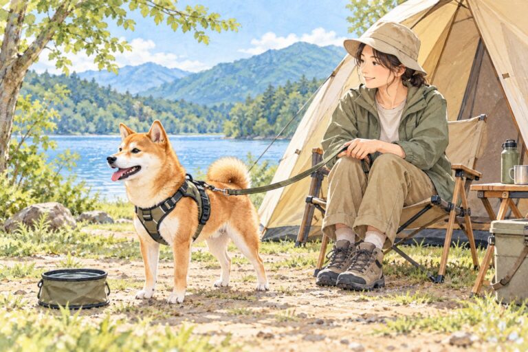 ハーネスとリードを着けた犬と飼い主がテントのそばで過ごす一般的なキャンプのAIイラスト