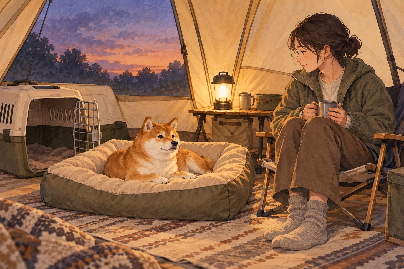 テント内の乾いた寝床で休む犬と、そばで見守る飼い主のAIイラスト