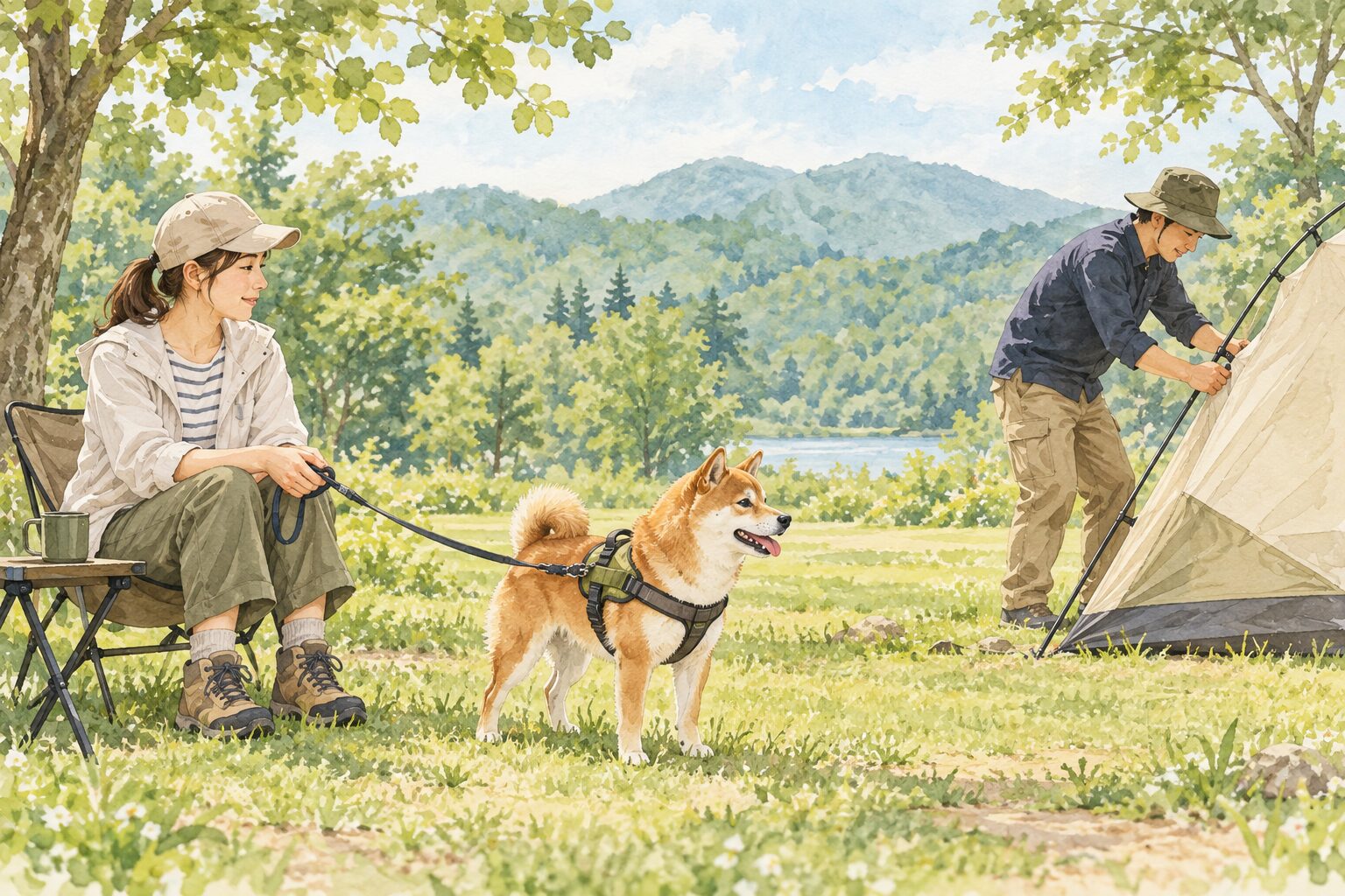 一人が犬のリードを持って見守り、もう一人がテントを設営する役割分担のAIイラスト