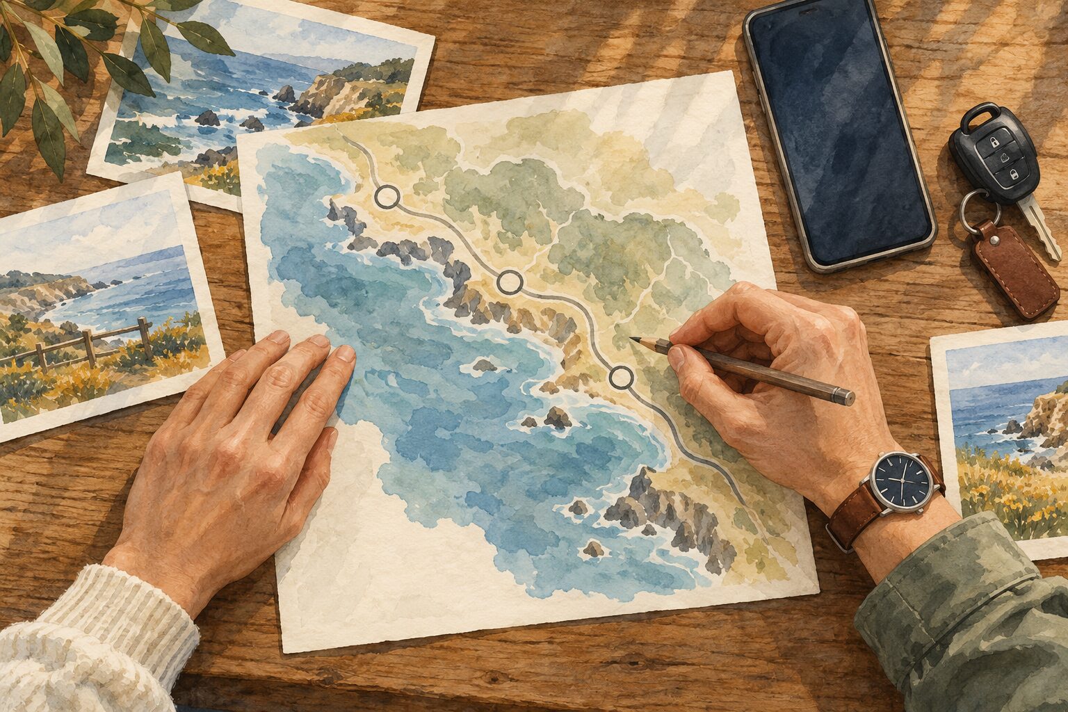 地図と時計で海沿いドライブの立ち寄り順を考える一般的なAIイラスト