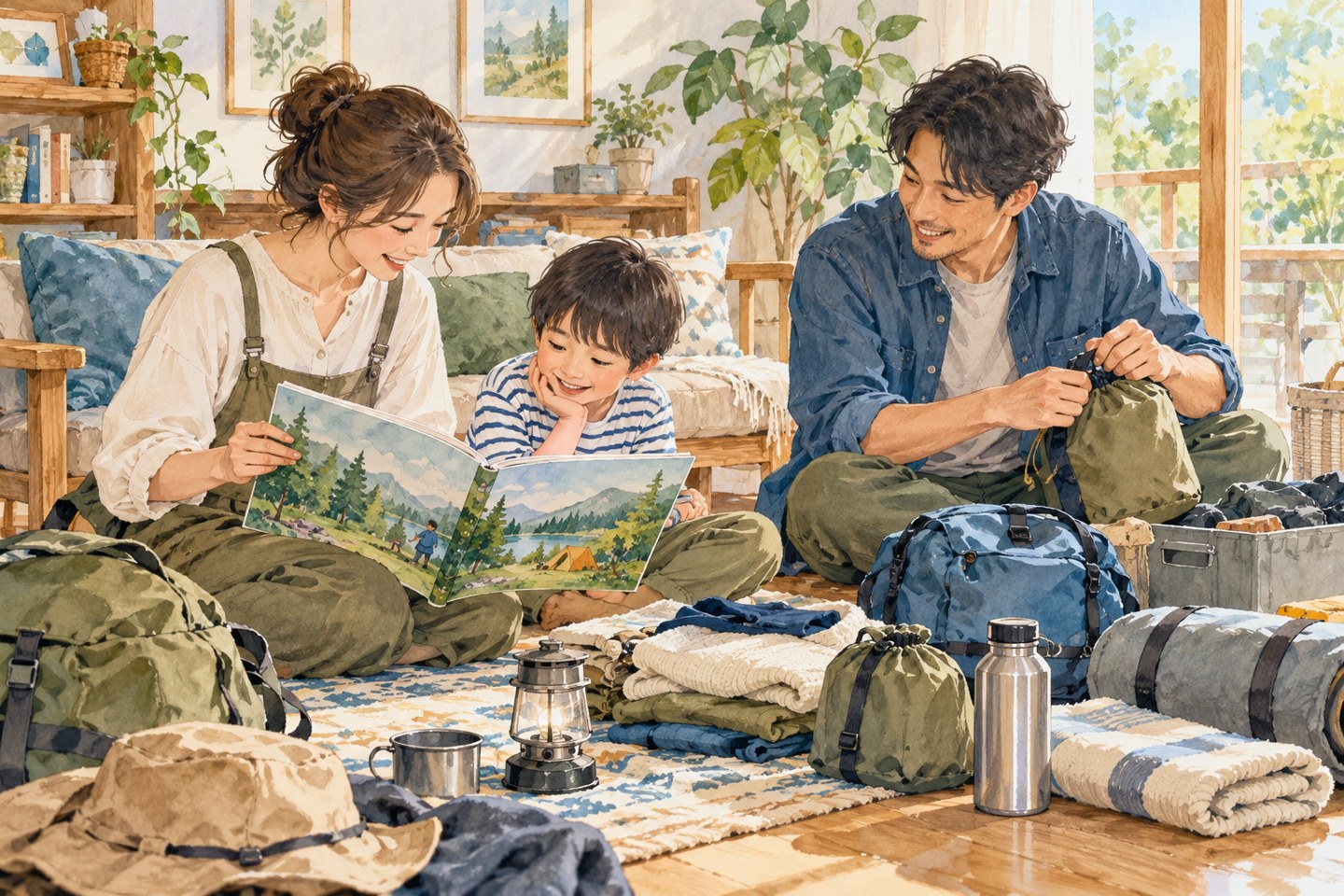 自宅で子どもと本や荷物を選ぶ家族の一般的なAIイラスト。実在施設ではありません