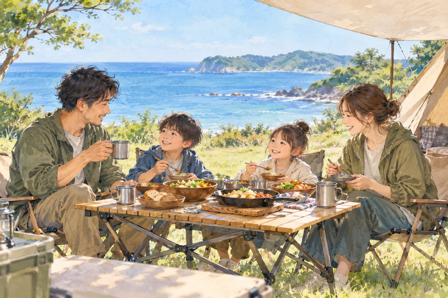 明るいうちにキャンプのテーブルを囲んで食事する家族のAIイラスト。実在施設ではありません