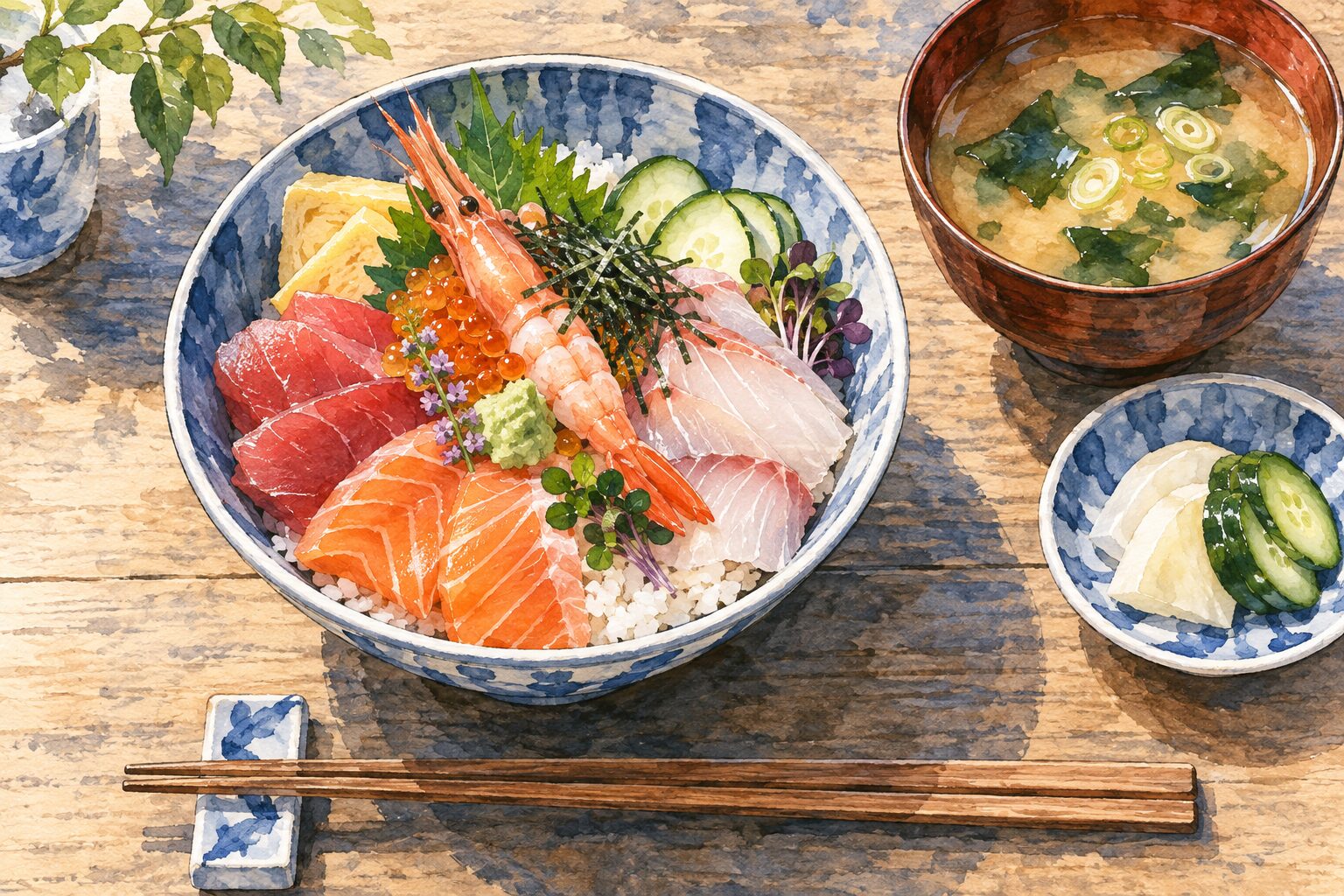 魚介料理を囲む食事の一般的なAIイラスト。実在する店舗のメニューではありません
