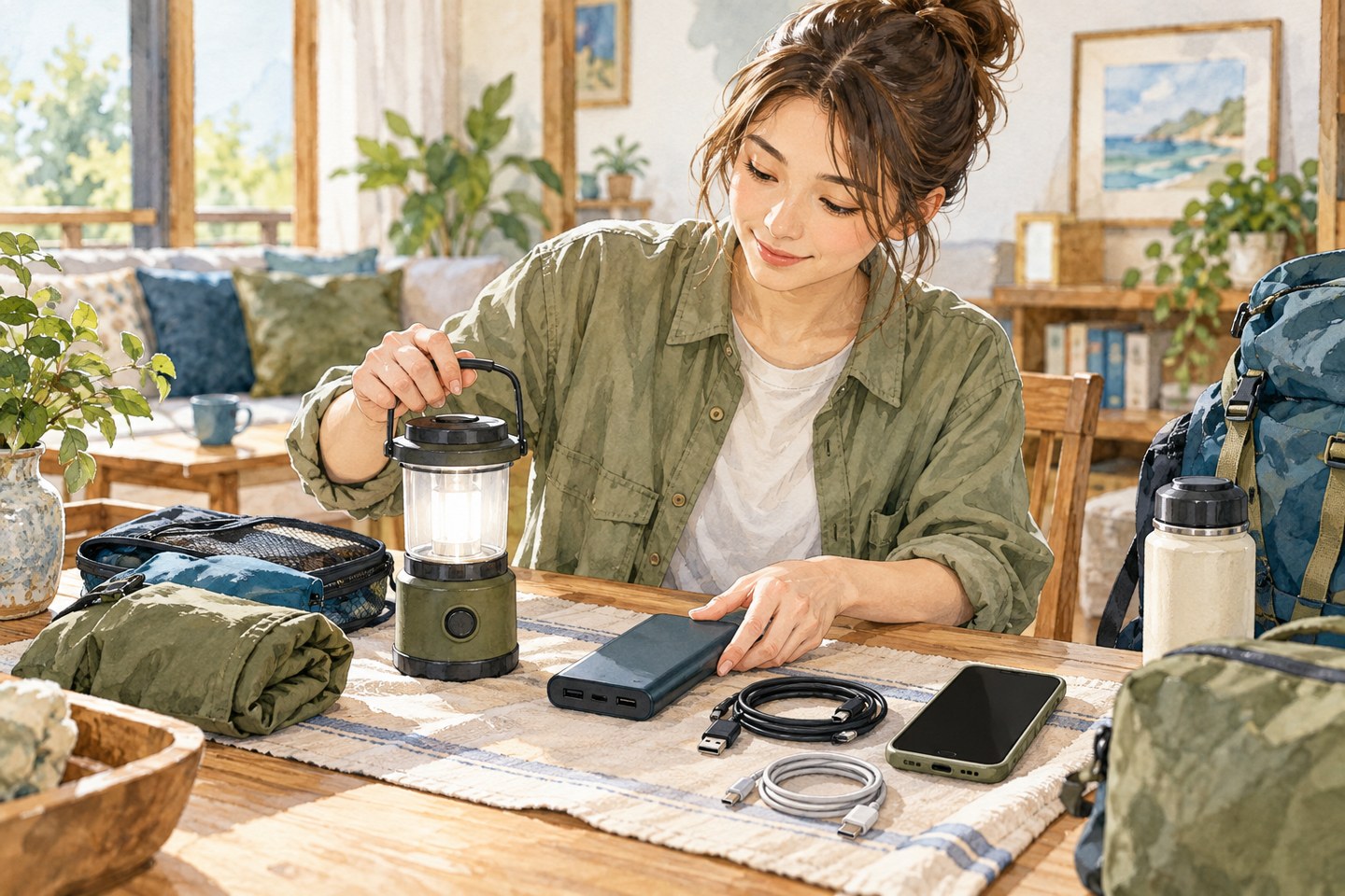 自宅でライトとモバイルバッテリーの充電を準備するAIイラスト。実在施設ではありません