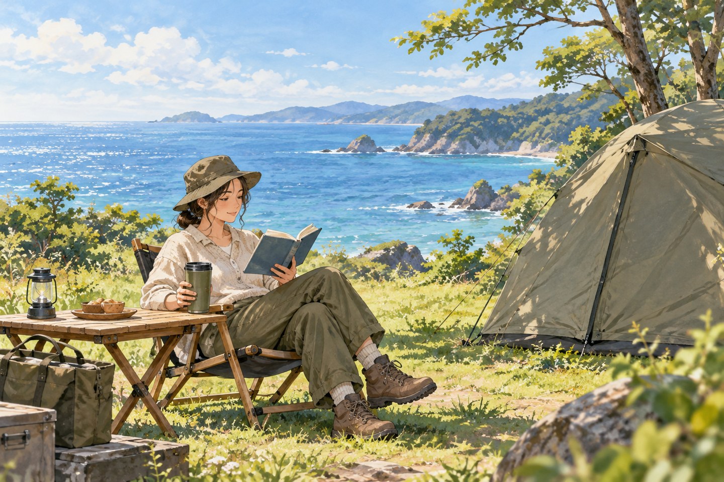 電気を使わず海辺で読書を楽しむキャンパーのAIイラスト。実在施設ではありません