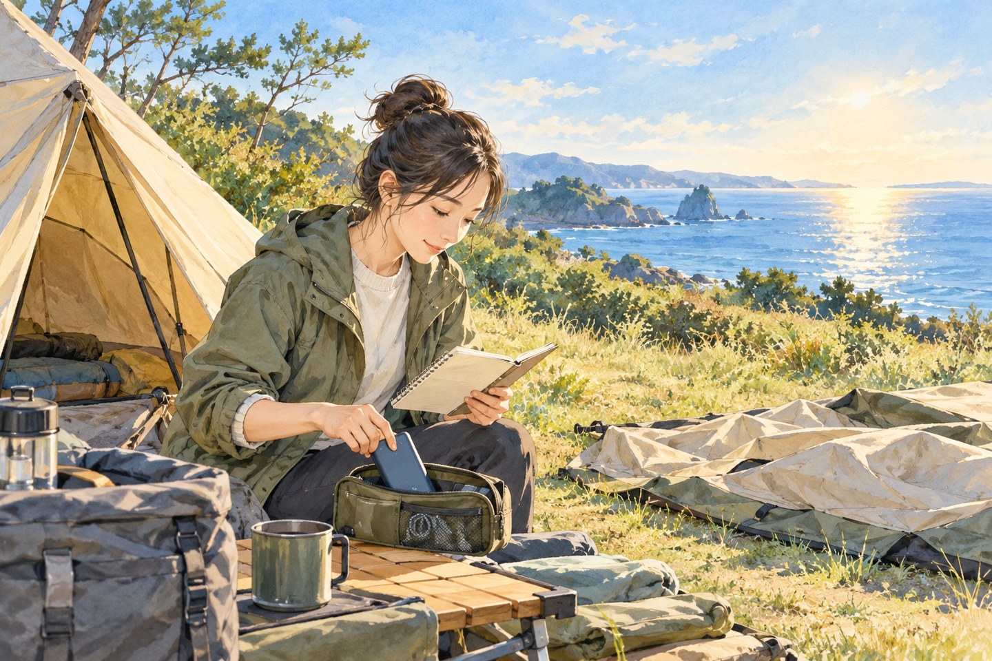 帰る朝に充電用品を小袋へ片付けるキャンパーのAIイラスト。実在施設ではありません
