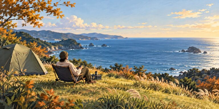 海を望む草地で一人のキャンパーが椅子に座る一般的なAIイラスト。御前崎の実景ではありません
