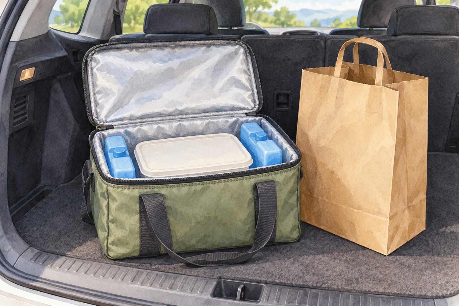 保冷剤と食品容器を入れた保冷バッグを車内に置く一般的なAIイラスト