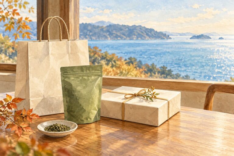 紙袋とお茶の袋、贈り物を海の見える窓辺に置いた一般的なお土産のAIイラスト。実際の御前崎の店舗や商品ではありません