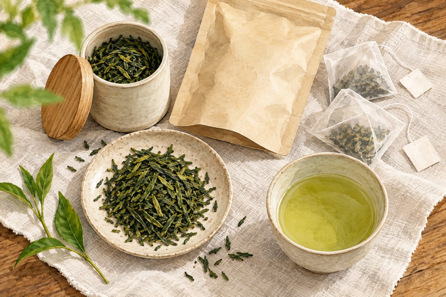 茶葉と無地の茶袋、ティーバッグと湯飲みを並べた一般的なお茶選びのAIイラスト