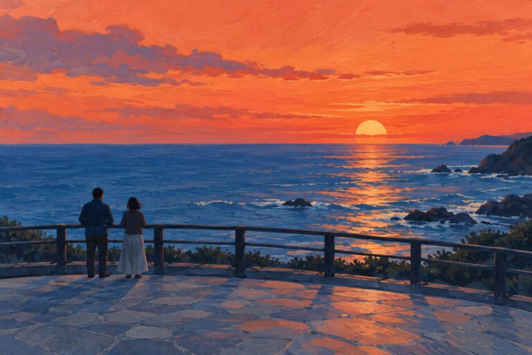 海辺の展望スペースで夕日を眺める二人の一般的なAIイラスト。御前崎の実景ではありません
